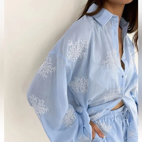 Commense M Semi-Sheer Plant Embroidery Casual Shorts Set Blue cc4 - Picture 6 of 8